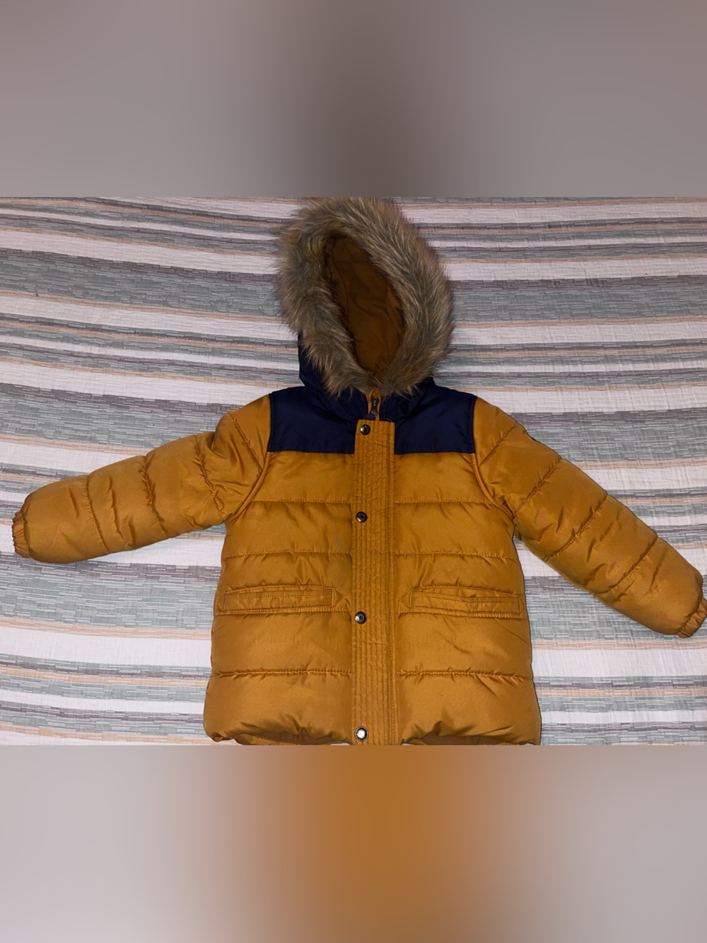 OshKosh B'gosh Mustard and Navy Kids Puffer Jacket with Fur-Trim Hood